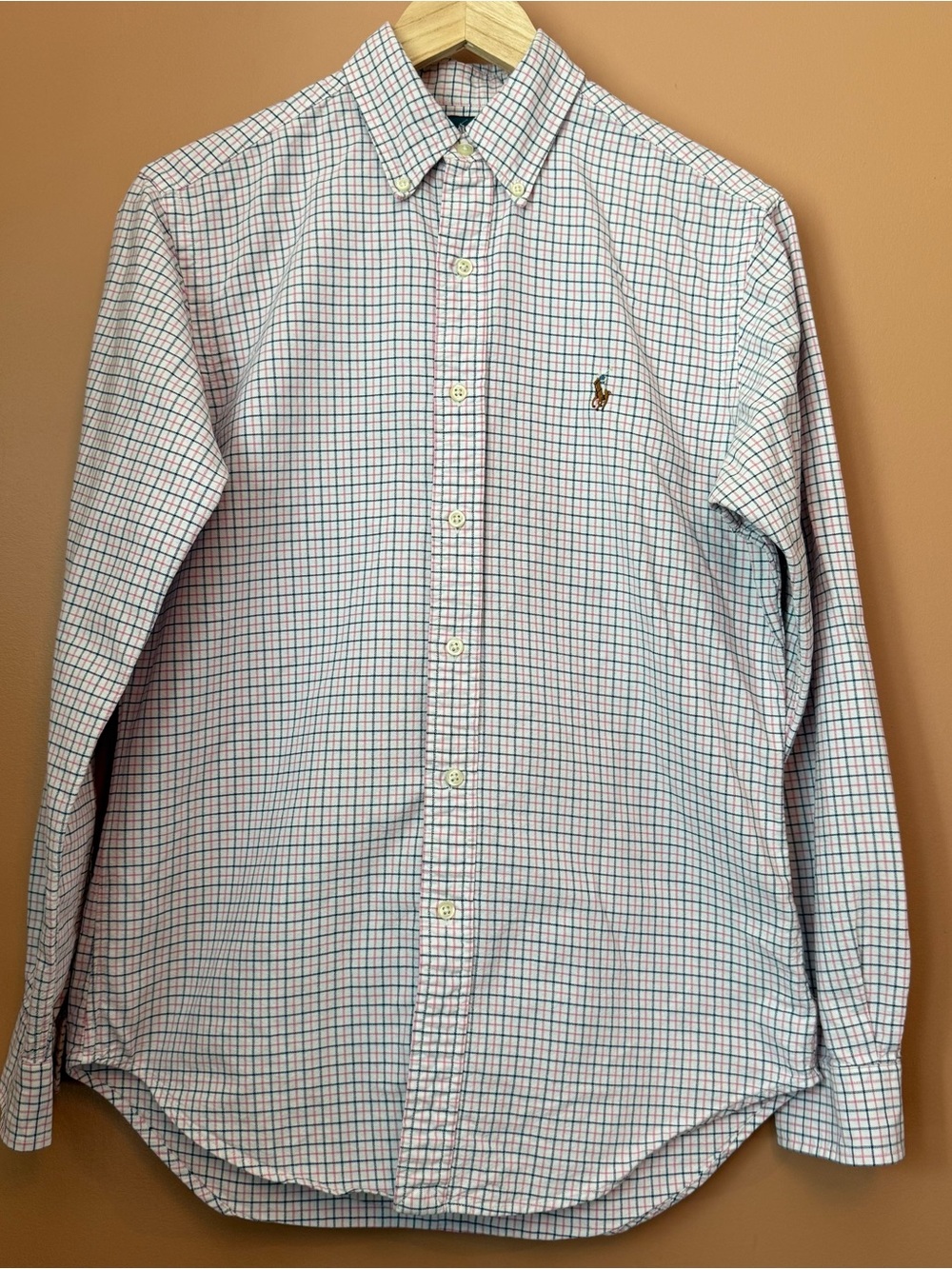 Ralph Lauren Men’s Small Pink Blue Plaid Classic Fit Cotton Button Down Pony